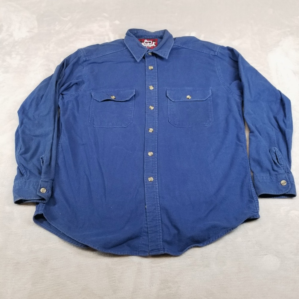 VTG Woolrich Shirt Mens L Blue Chamois Heavy Flannel Button Up‎ Pockets